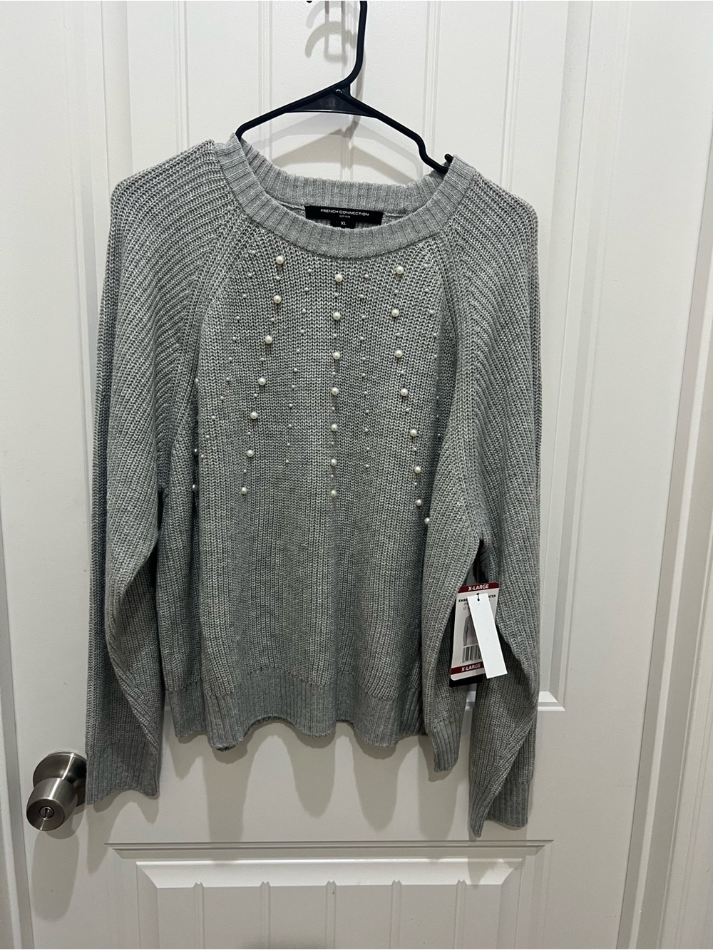 French Connection Gray Pearl-Embellished Crewneck Sweater